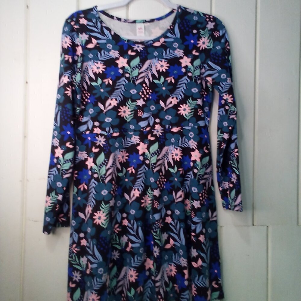 Justice Dress Girls 14 Plus Long Sleeve Floral Pattern Black Blue